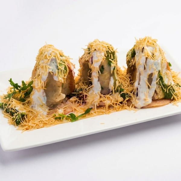 Three Indian chaat dishes, topped with white sauce, green chutney, and crispy sev, on a white plate.