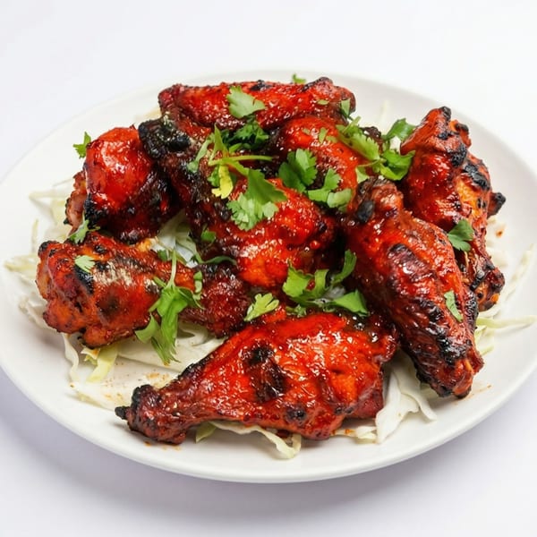 Plate of vibrant red tandoori chicken wings, garnished with fresh green cilantro, on a bed of shredded cabbage.