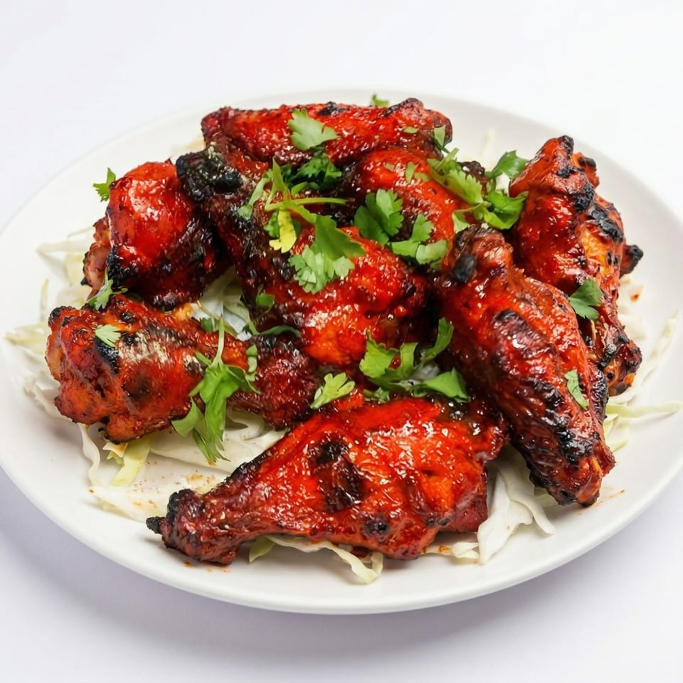 Plate of vibrant red tandoori chicken wings, garnished with fresh green cilantro, on a bed of shredded cabbage.