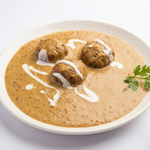 Three malai kofta balls in a creamy brown gravy, garnished with white cream swirls and a sprig of cilantro.