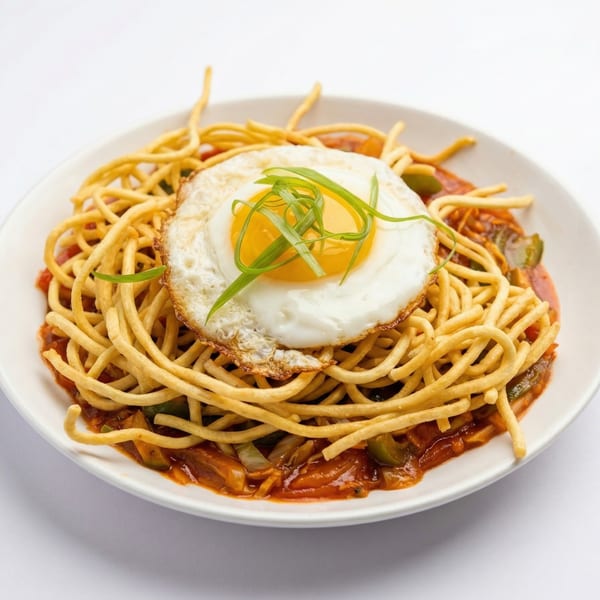 Crispy noodles with a fried egg and green onions on a white plate.