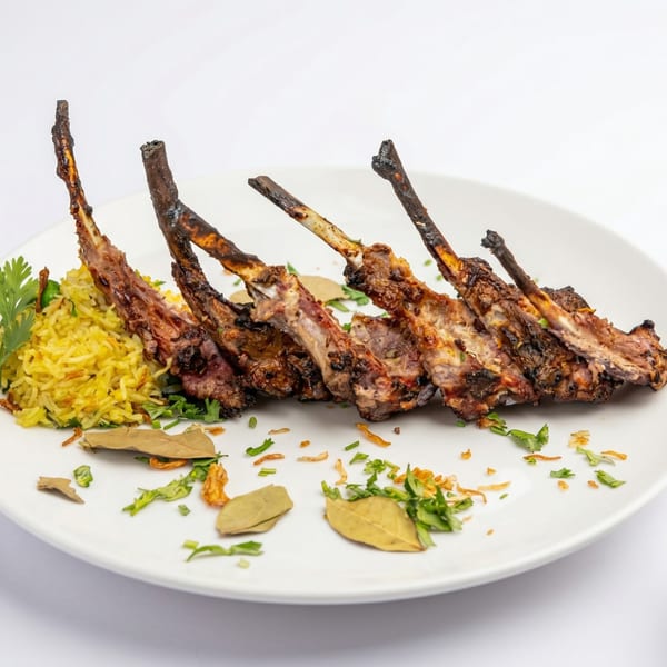 Grilled lamb chops with yellow rice and herbs on a white plate.