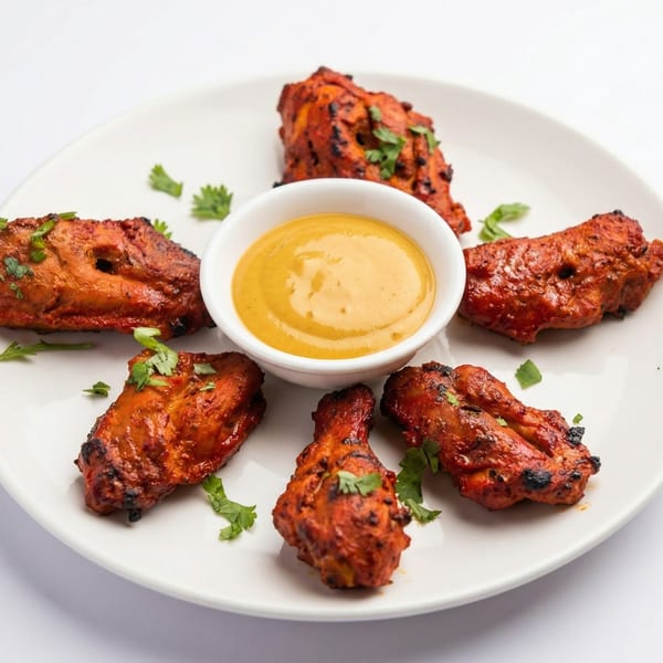 Tandoori chicken pieces arranged around a bowl of yellow dipping sauce, garnished with cilantro.
