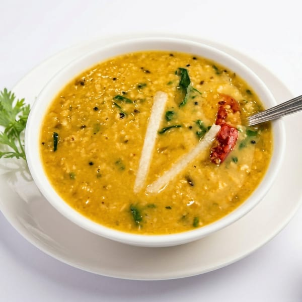 A white bowl of yellow lentil dal with green herbs, red chilies, and white garnishes.