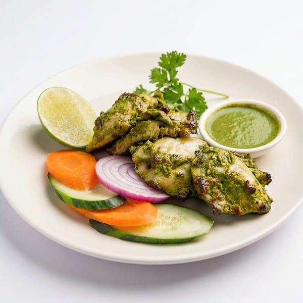 Green chicken tikka with mint chutney, lime, carrots, cucumbers, and red onion on a white plate.
