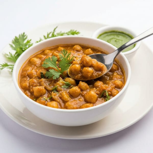 A white bowl of chana masala, garnished with cilantro, with a spoon and green chutney.