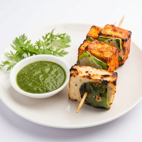 Paneer tikka skewers with green bell peppers and onions, served with green chutney and cilantro.
