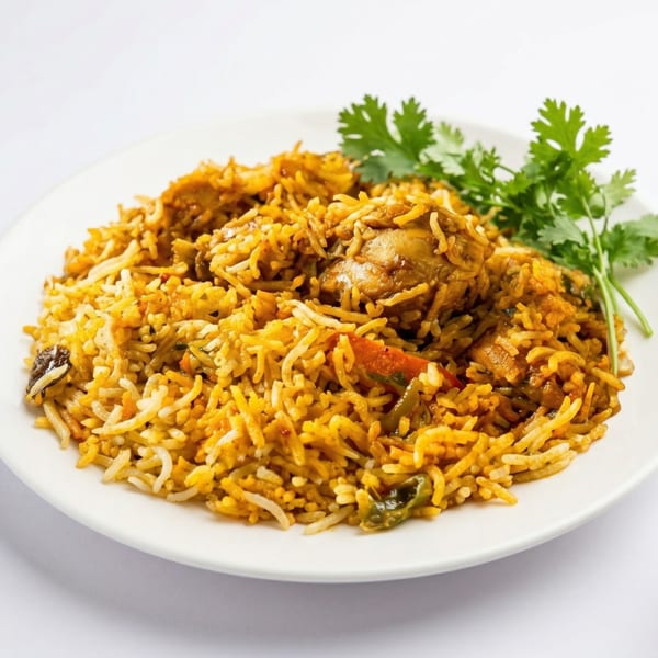 Chicken biryani with long-grain rice and fresh cilantro on a white plate.
