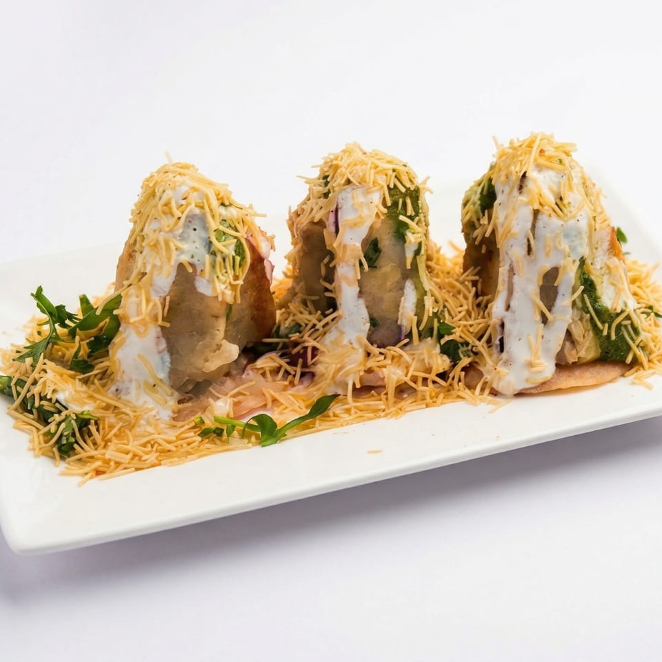 Three Indian chaat dishes, topped with white sauce, green chutney, and crispy sev, on a white plate.